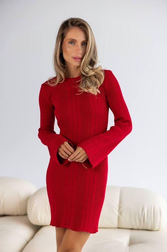 Платье мини трикотажное в рубчик ONE SIZE (красный) — 3