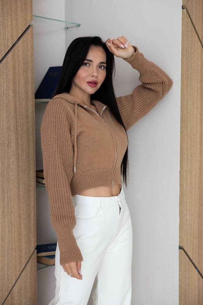 Кофта с капюшоном на молнии ONE SIZE (кэмел) — 4
