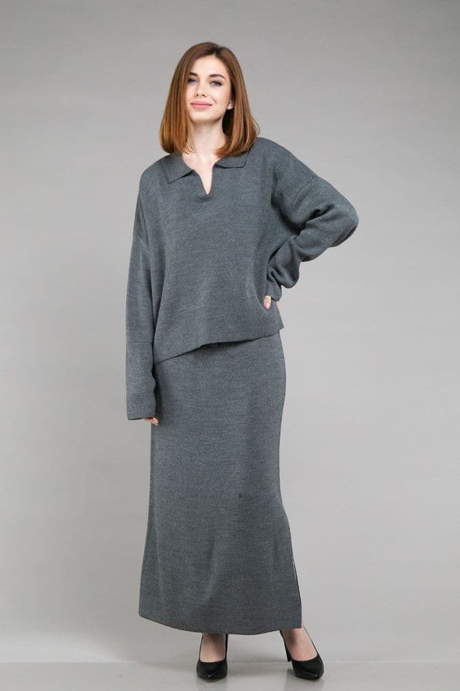Костюм кофта+спідниця міді ONE SIZE (сірий) — 2