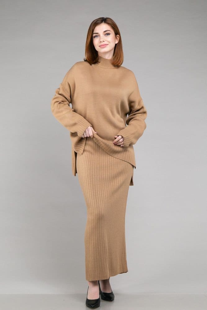 Костюм кофта зі стійкою+спідниця міді ONE SIZE (кемел) — 1