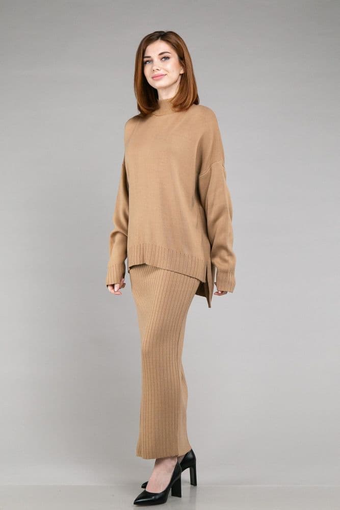 Костюм кофта зі стійкою+спідниця міді ONE SIZE (кемел) — 2