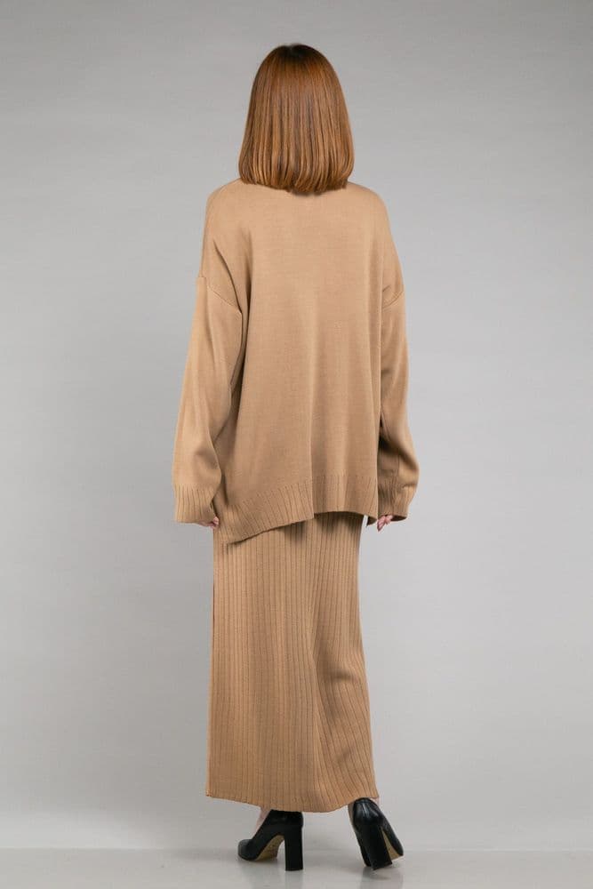 Костюм кофта зі стійкою+спідниця міді ONE SIZE (кемел) — 4