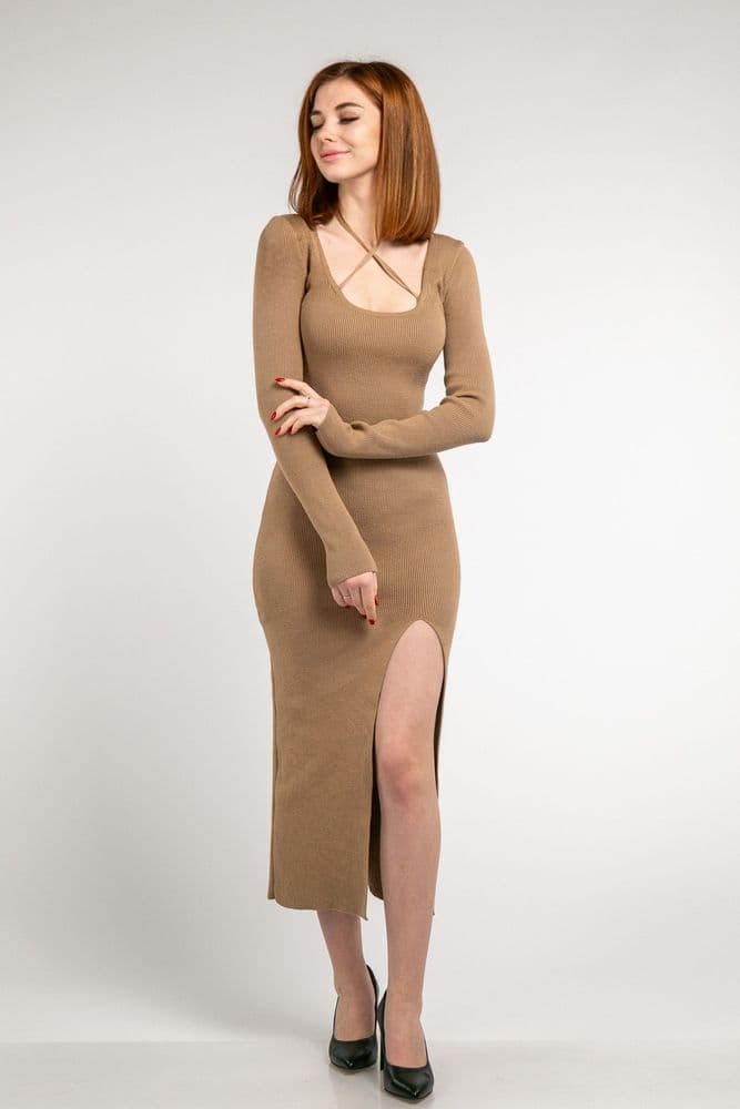 Плаття міді з розрізом і зав'язками ONE SIZE (кемел) — 1