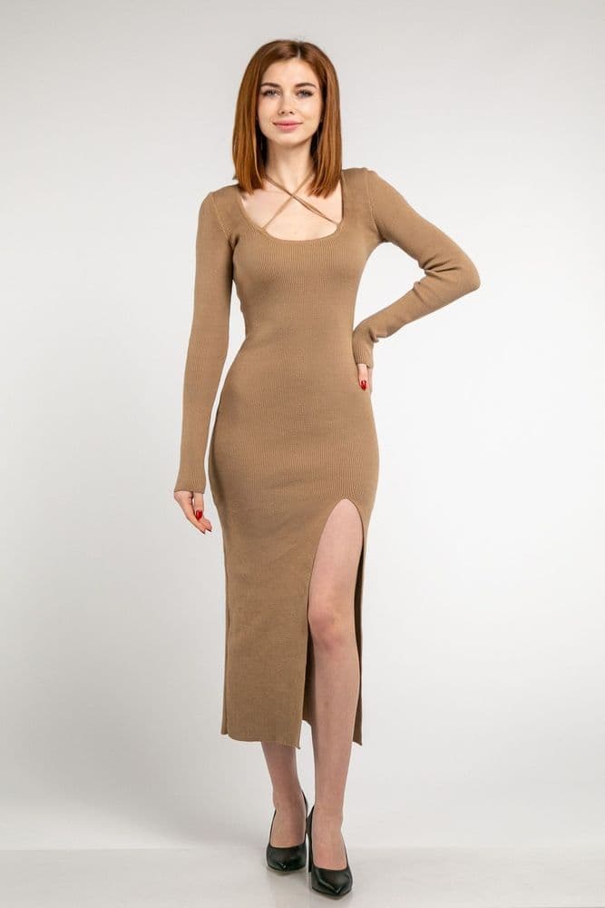 Плаття міді з розрізом і зав'язками ONE SIZE (кемел) — 4