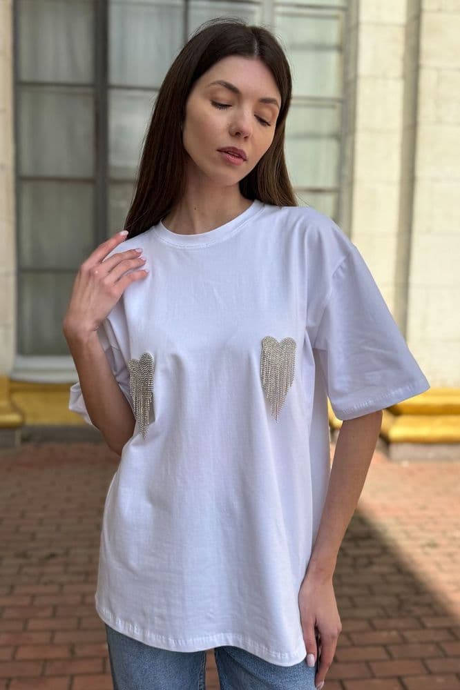Футболка зі стразами серця ONE SIZE (білий) — 1