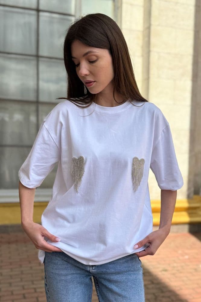Футболка зі стразами серця ONE SIZE (білий) — 3
