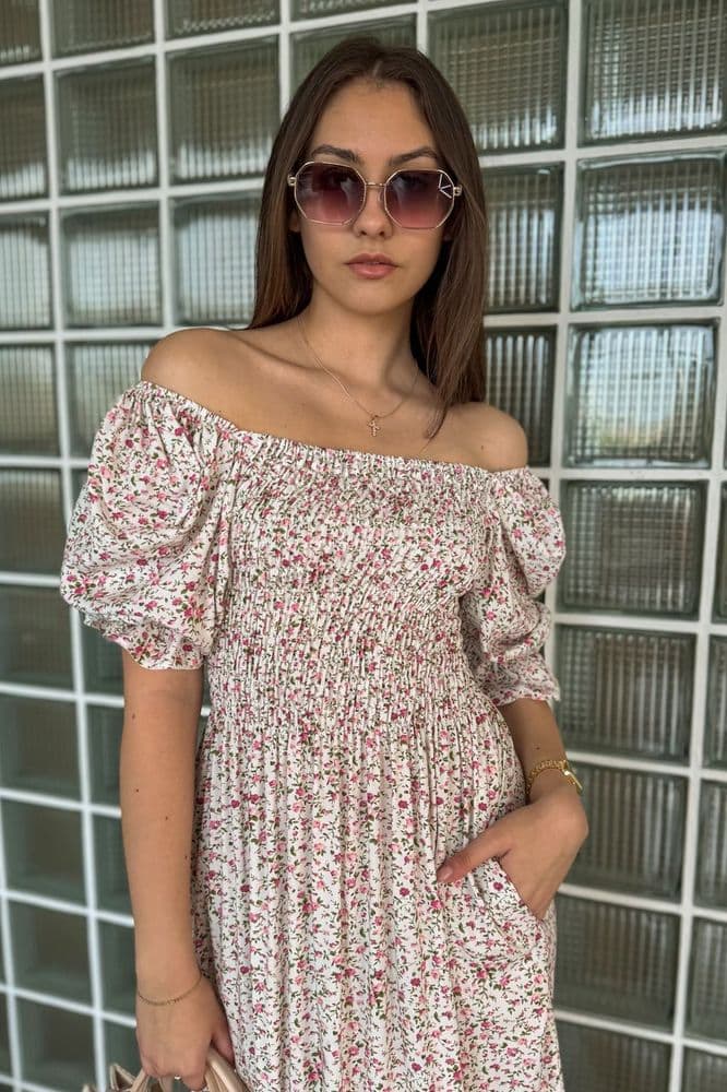 Платье с резинкой на груди ONE SIZE малый цветок (белый+розовый) — 2