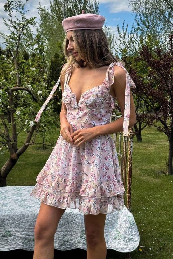 Платье мини шифон с имитацией чашки (персиковый) — 2