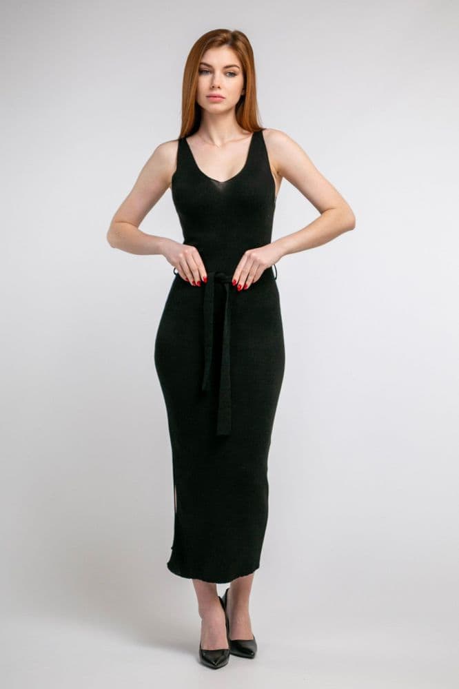 Плаття трикотажне з поясом міді ONE SIZE (чорний) — 3