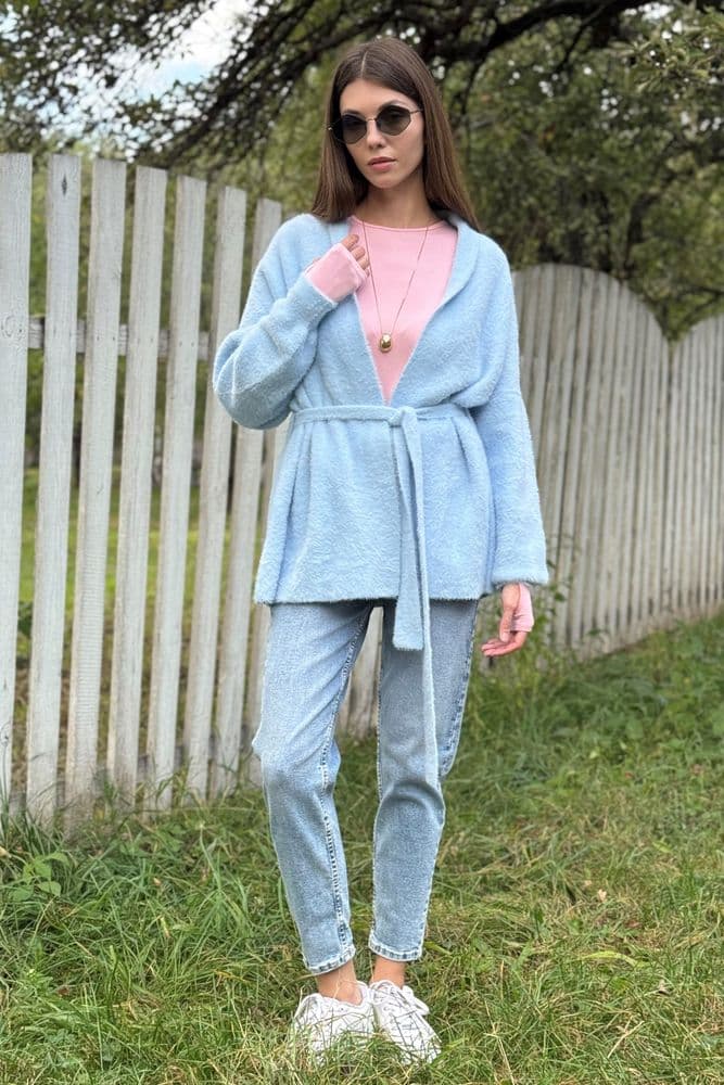 Кардиган короткий с поясом ONE SIZE (голубой) — 1