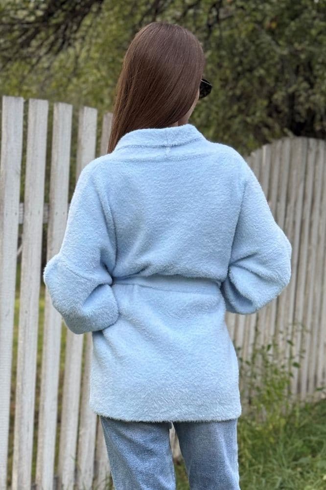Кардиган короткий с поясом ONE SIZE (голубой) — 4