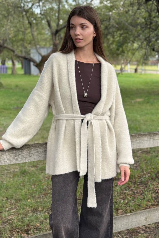 Кардиган короткий с поясом ONE SIZE (бежевый) — 5
