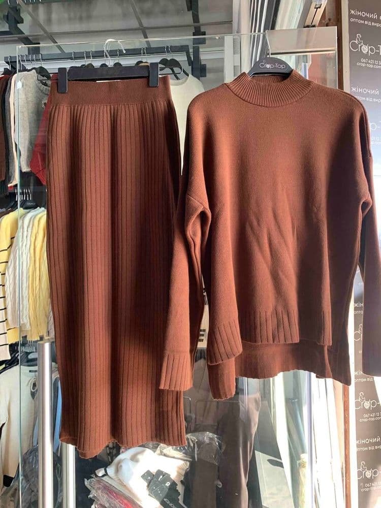 Костюм кофта зі стійкою+спідниця міді ONE SIZE (коричневий)