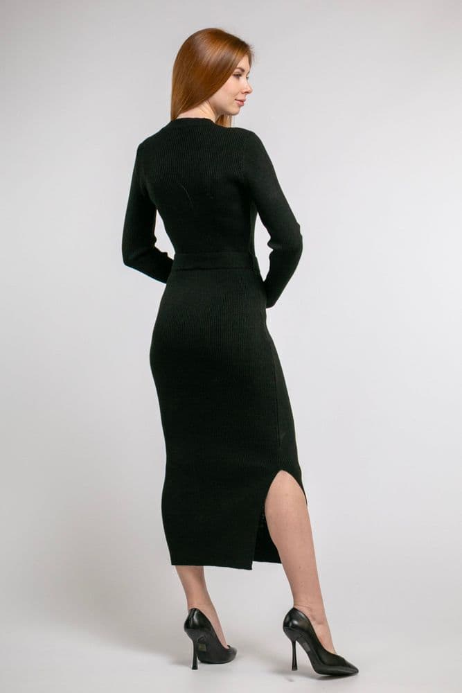 Плаття міді з розрізом і довгим рукавом ONE SIZE (чорний) — 5