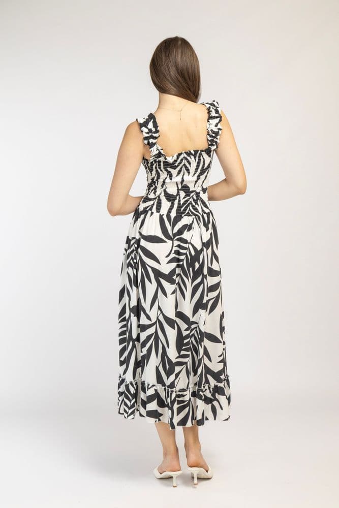 Сарафан міді широкі бретелі штапель листя (чорний+білий) — 3