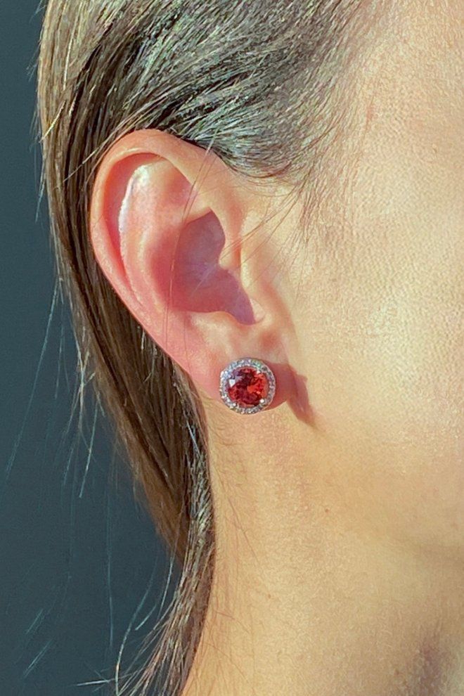Серьги пусеты с цирконием (серебро+красный)