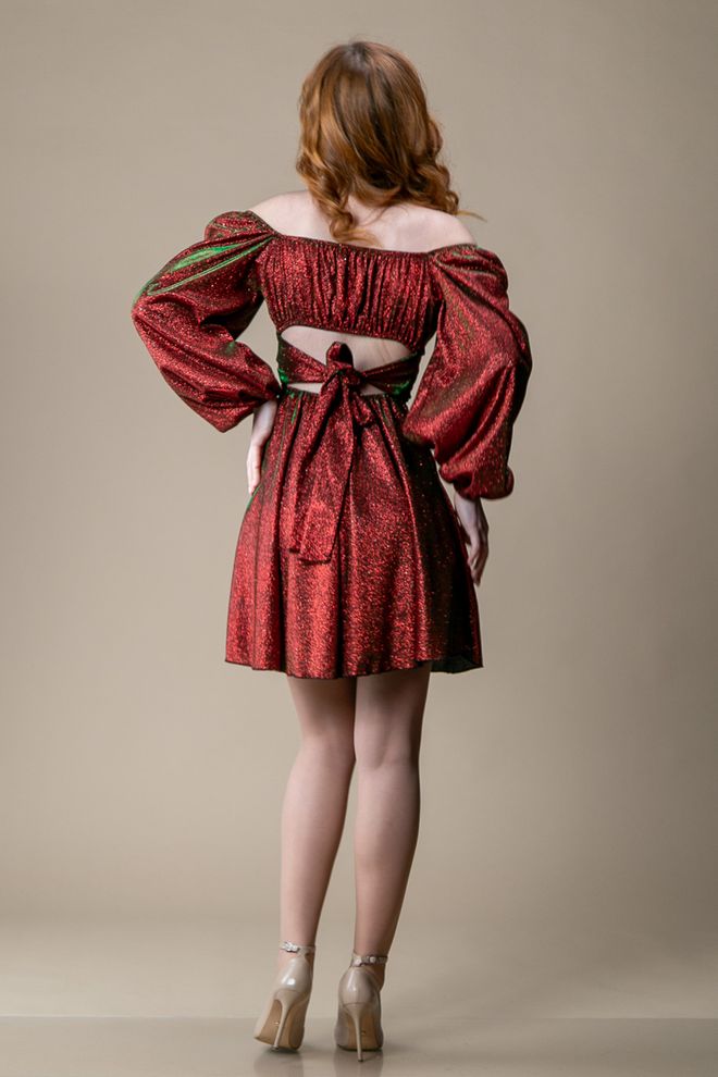 Плаття міні із зав'язками на спині рукав довгий блискучий (червоний)