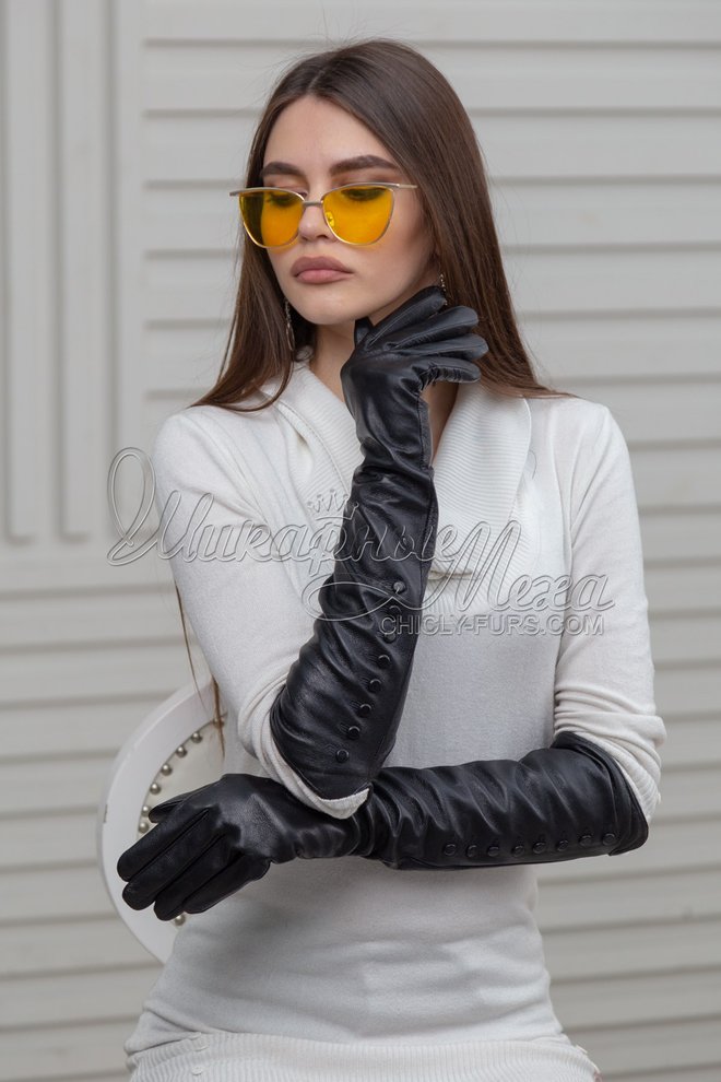 Довгі шкіряні чорні рукавички до ліктя з гудзиками