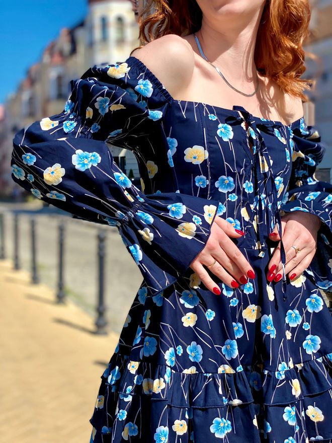 Плаття міні з корсетним верхом в квітку (синій)