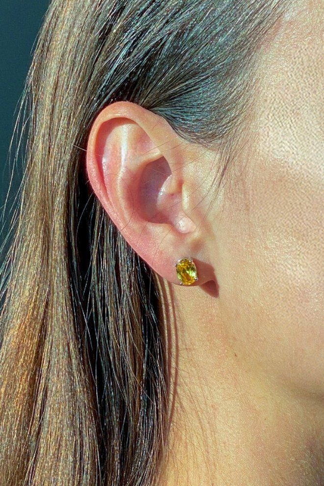 Серьги пусеты с цирконием овал (серебро+желтый)