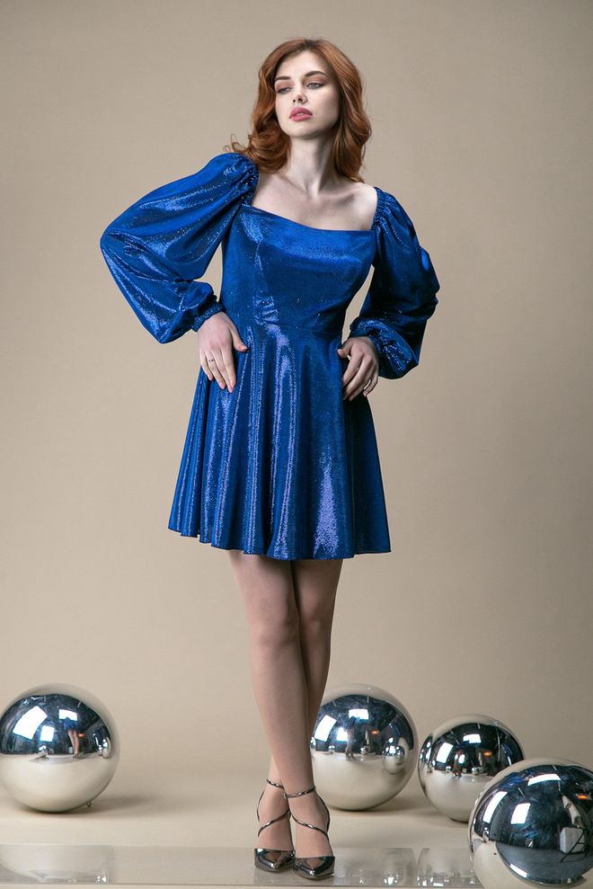 Плаття міні блискучий рукав довгий (синій)